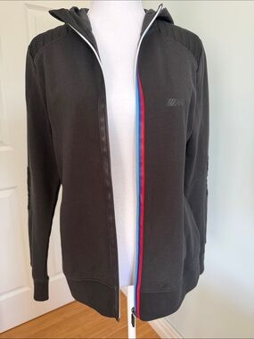 “BMW M” Women’s Black Zip-Up Hoodie with Contrast Racing Stripe